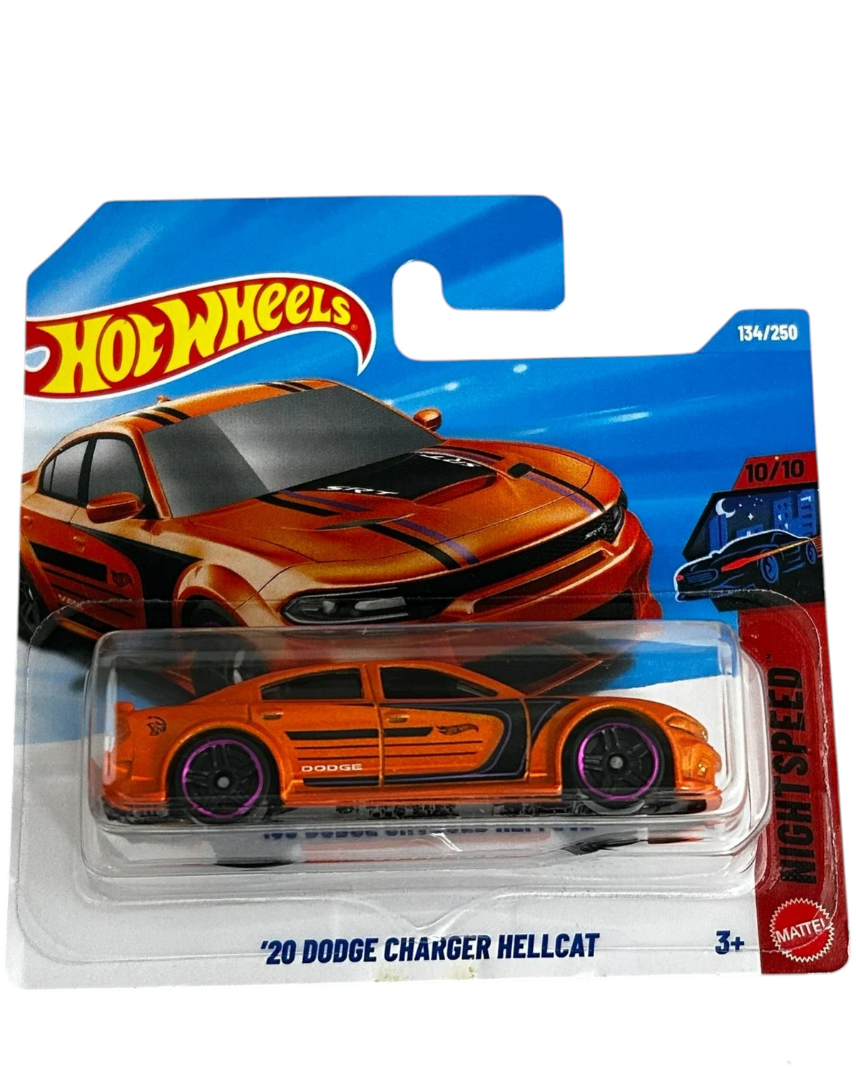 More Than Diecast Hot Wheels orange 2020 Dodge Charger Hellcat 1:64 scale die-cast car in short card packaging.