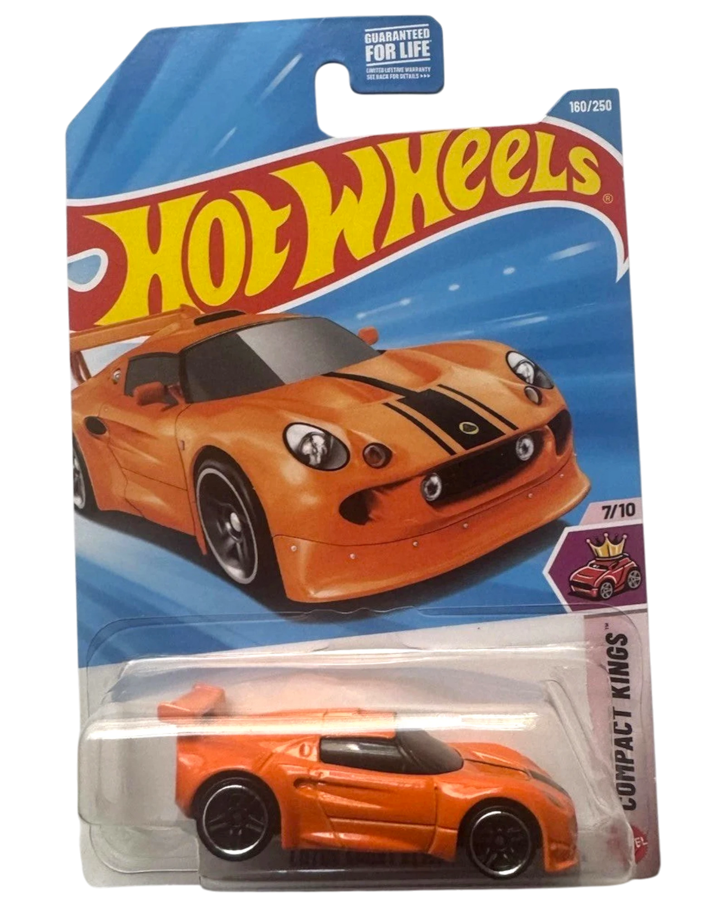 More Than Diecast orange Lotus Sport Elise toy car with black racing stripes and spoiler, in blister pack.