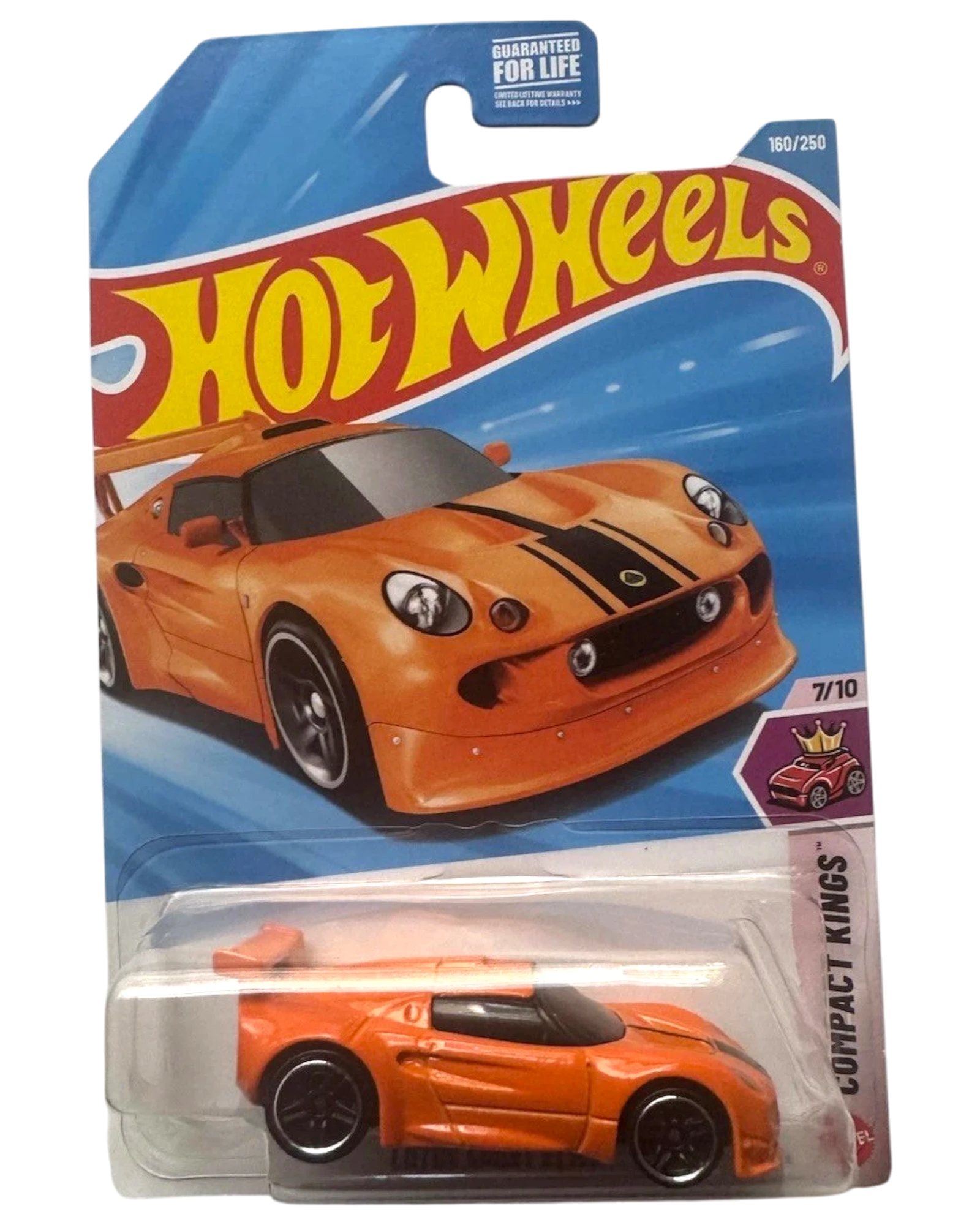 More Than Diecast orange Lotus Sport Elise toy car with black racing stripes and spoiler, in blister pack.