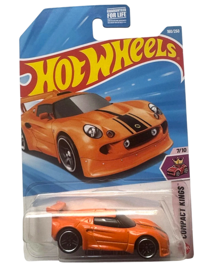 More Than Diecast orange Lotus Sport Elise toy car with black racing stripes and spoiler, in blister pack.