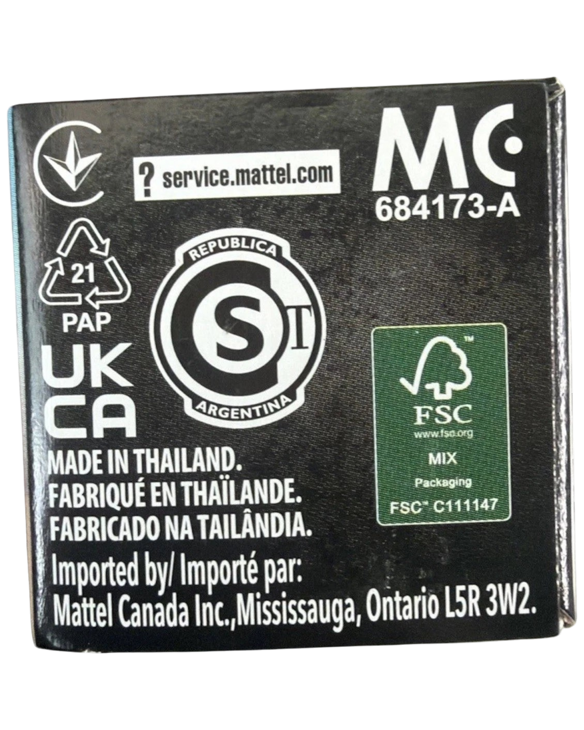More Than Diecast packaging back detail showing Mattel service information, recycling symbols, and FSC certification.