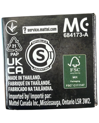 More Than Diecast packaging back detail showing Mattel service information, recycling symbols, and FSC certification.