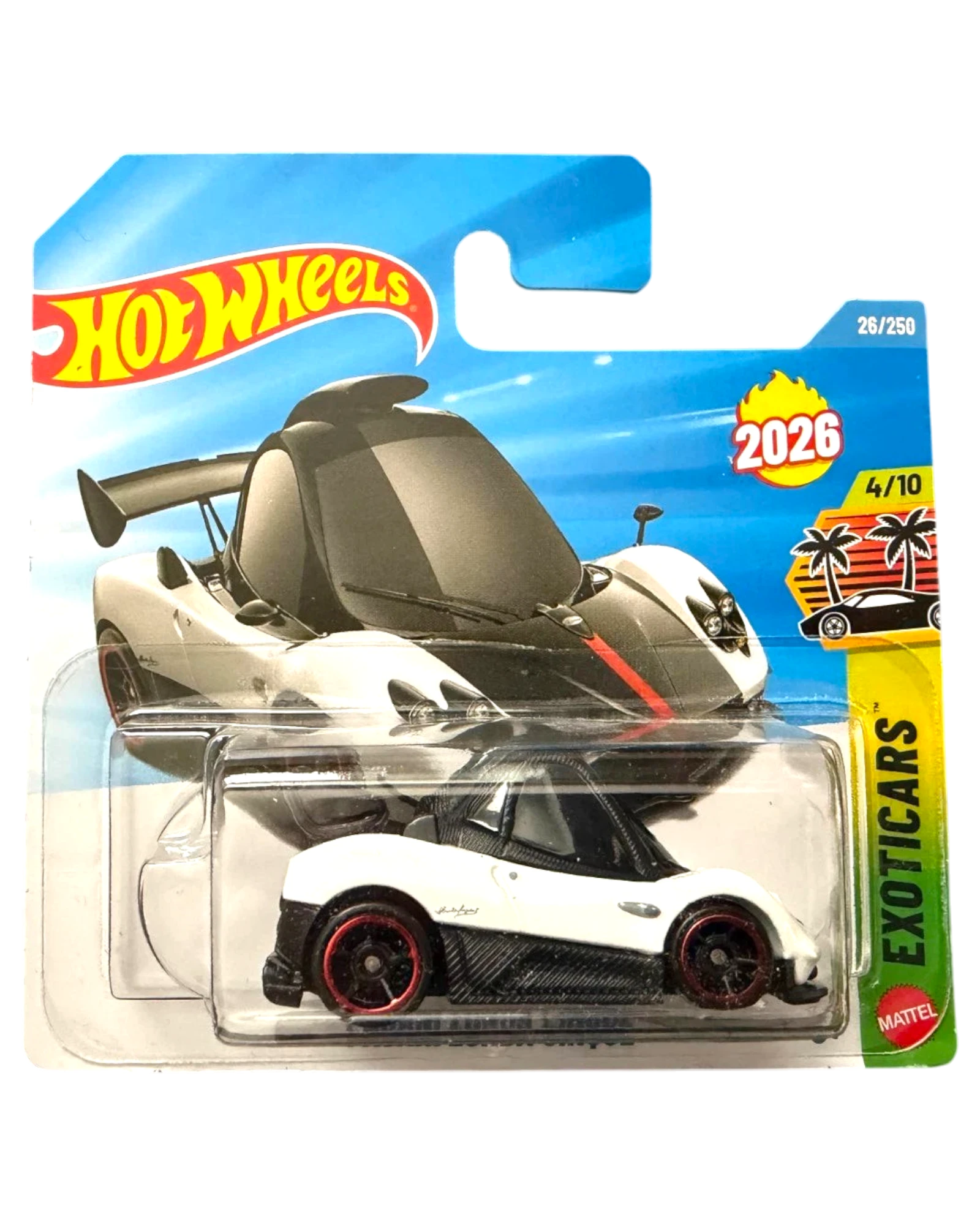 More Than Diecast Hot Wheels Pagani Zonda Cinque diecast car, white with red accents and black trim, in blister pack.