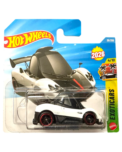 More Than Diecast Hot Wheels Pagani Zonda Cinque diecast car, white with red accents and black trim, in blister pack.