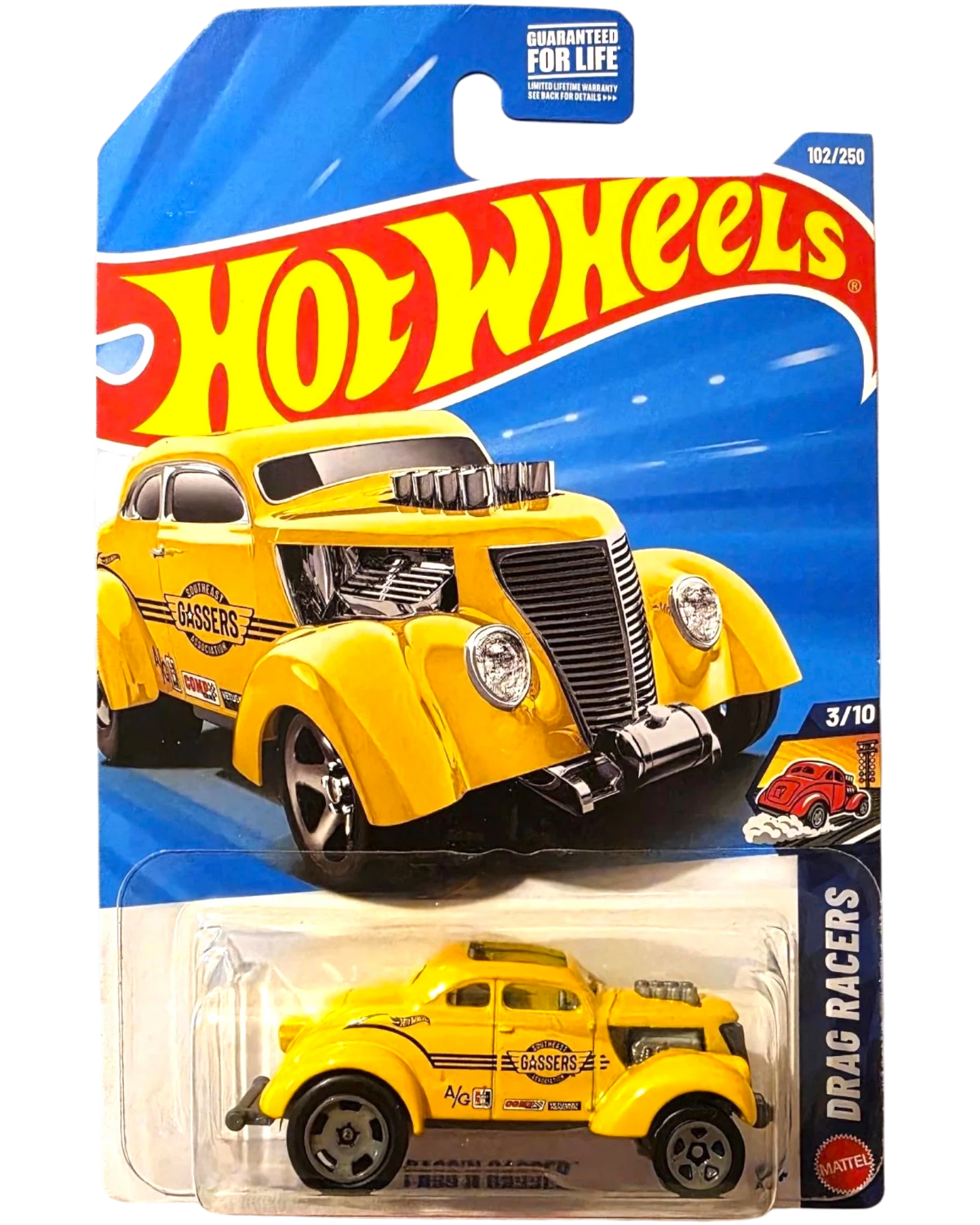 More Than Diecast Hot Wheels Pass'n Gasser yellow drag racer diecast car in original blister card packaging.