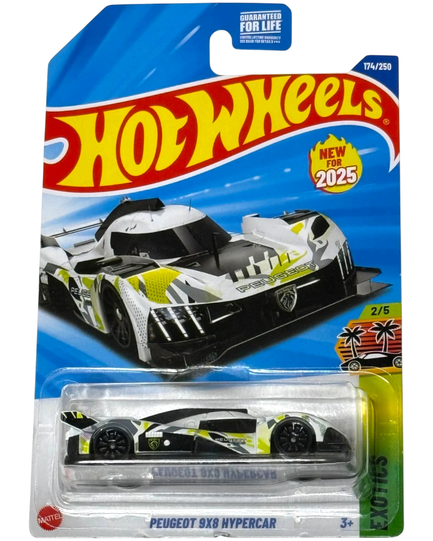 More Than Diecast Hot Wheels Peugeot 9X8 Hypercar die-cast model in white, black, and yellow livery on blister card.