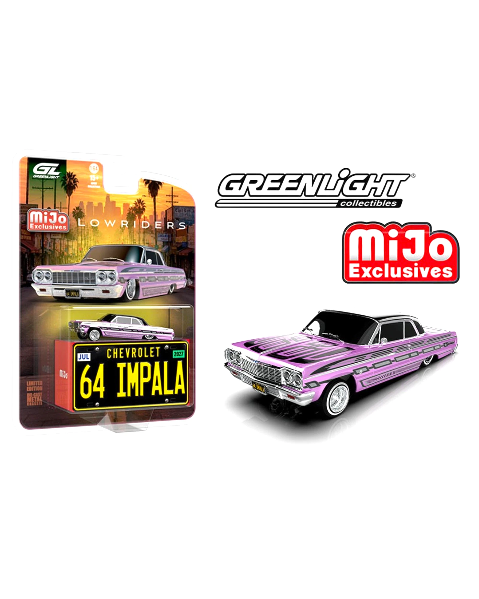 More Than Diecast 1:64 scale pink 1964 Chevrolet Impala SS lowrider model with custom graphics and metal license plate.