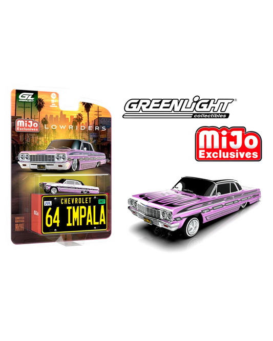 More Than Diecast 1:64 scale pink 1964 Chevrolet Impala SS lowrider model with custom graphics and metal license plate.