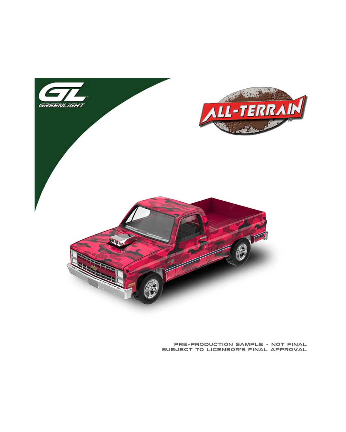 More Than Diecast 1:64 scale 1985 Chevrolet Silverado diecast truck in pink camouflage with a chrome blower engine