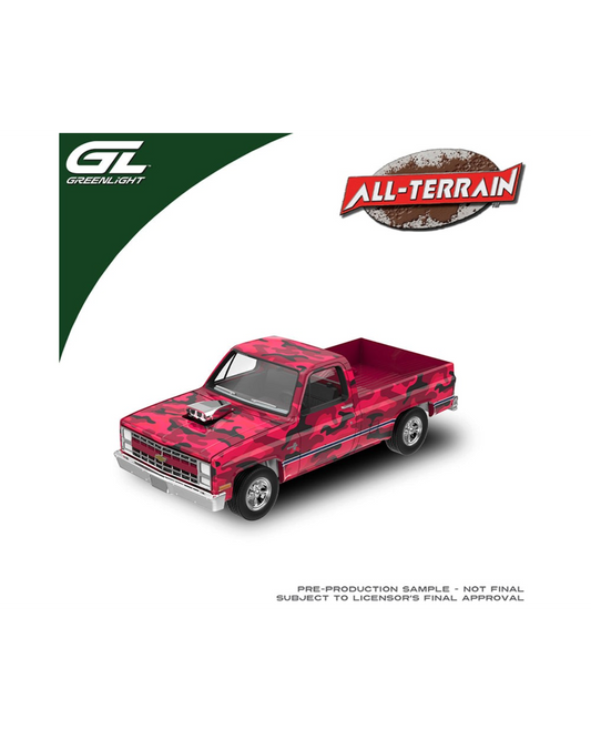 More Than Diecast 1:64 scale 1985 Chevrolet Silverado diecast truck in pink camouflage with a chrome blower engine