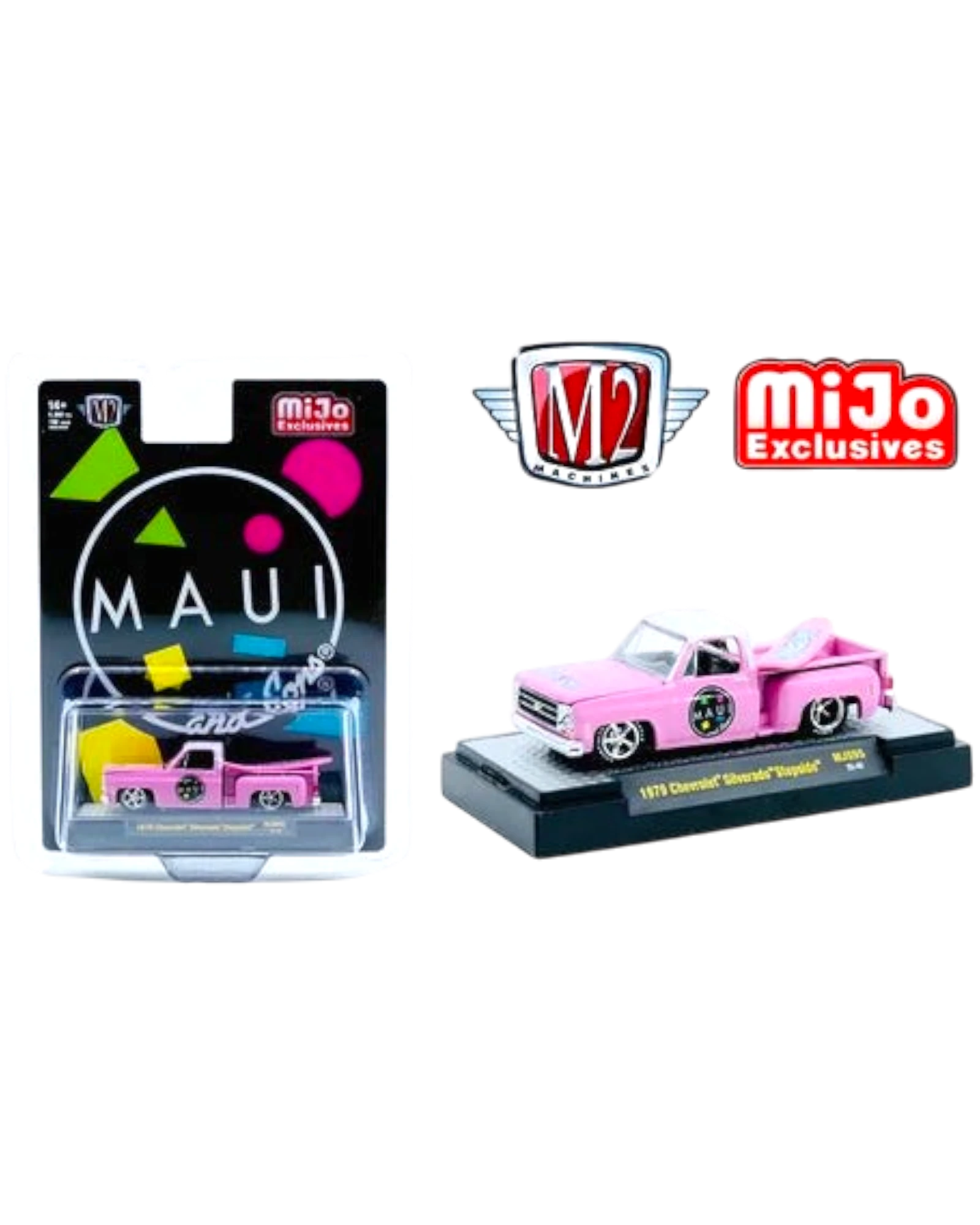 More Than Diecast M2 Machines Mijo Exclusive 1979 Chevy Silverado Stepside in pink with Maui & Son surfboard livery