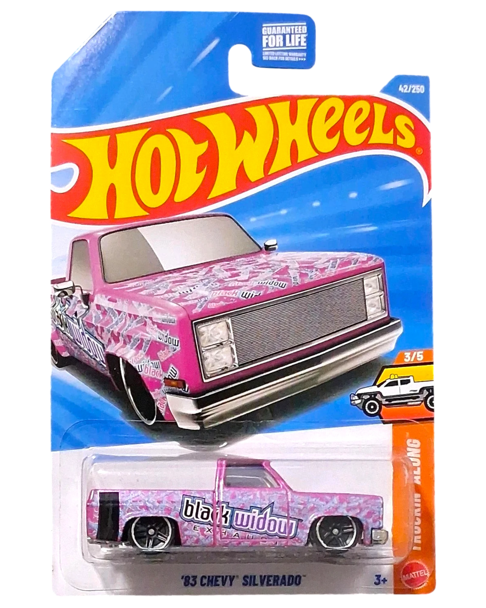 More Than Diecast Hot Wheels 83 Chevy Silverado Black Widow pink die-cast truck in original blister card packaging
