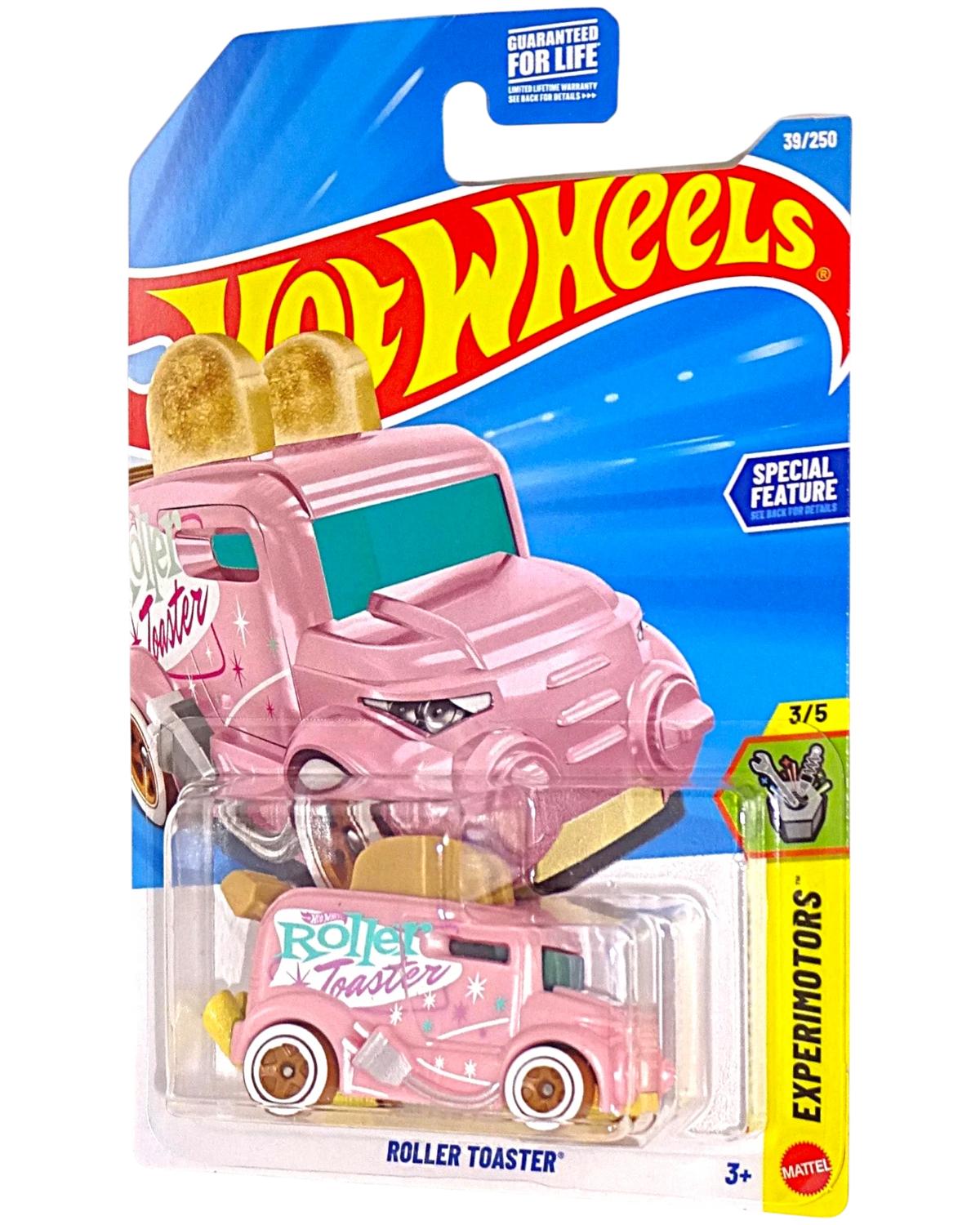 More Than Diecast Hot Wheels 2026 Roller Toaster pink die-cast car in original blister packaging