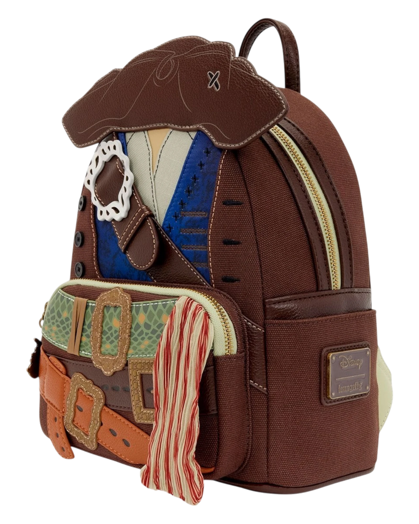 More Than Diecast Pirates of the Caribbean Jack Sparrow cosplay mini-backpack with hat detail, embroidered and debossed features.