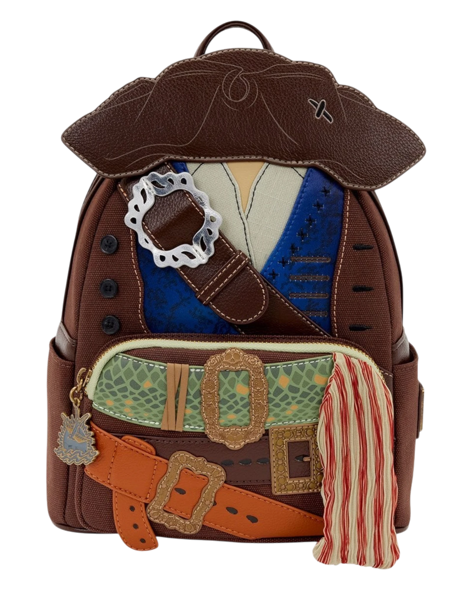 More Than Diecast Pirates of the Caribbean Jack Sparrow cosplay mini-backpack with hat, belts, and buckle details.