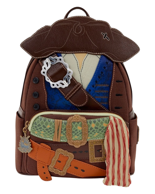 More Than Diecast Pirates of the Caribbean Jack Sparrow cosplay mini-backpack with hat, belts, and buckle details.