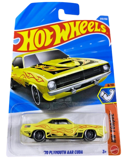 More Than Diecast Hot Wheels 1970 Plymouth AAR Cuda yellow muscle car die-cast model in original blister packaging
