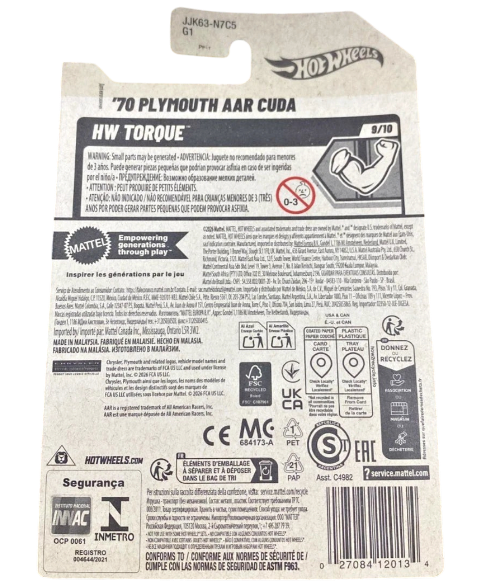 More Than Diecast Hot Wheels 2026 70 Plymouth AAR Cuda packaging back showing product details and safety warnings