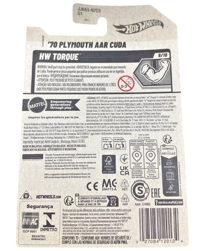 More Than Diecast Hot Wheels 2026 70 Plymouth AAR Cuda packaging back showing product details and safety warnings
