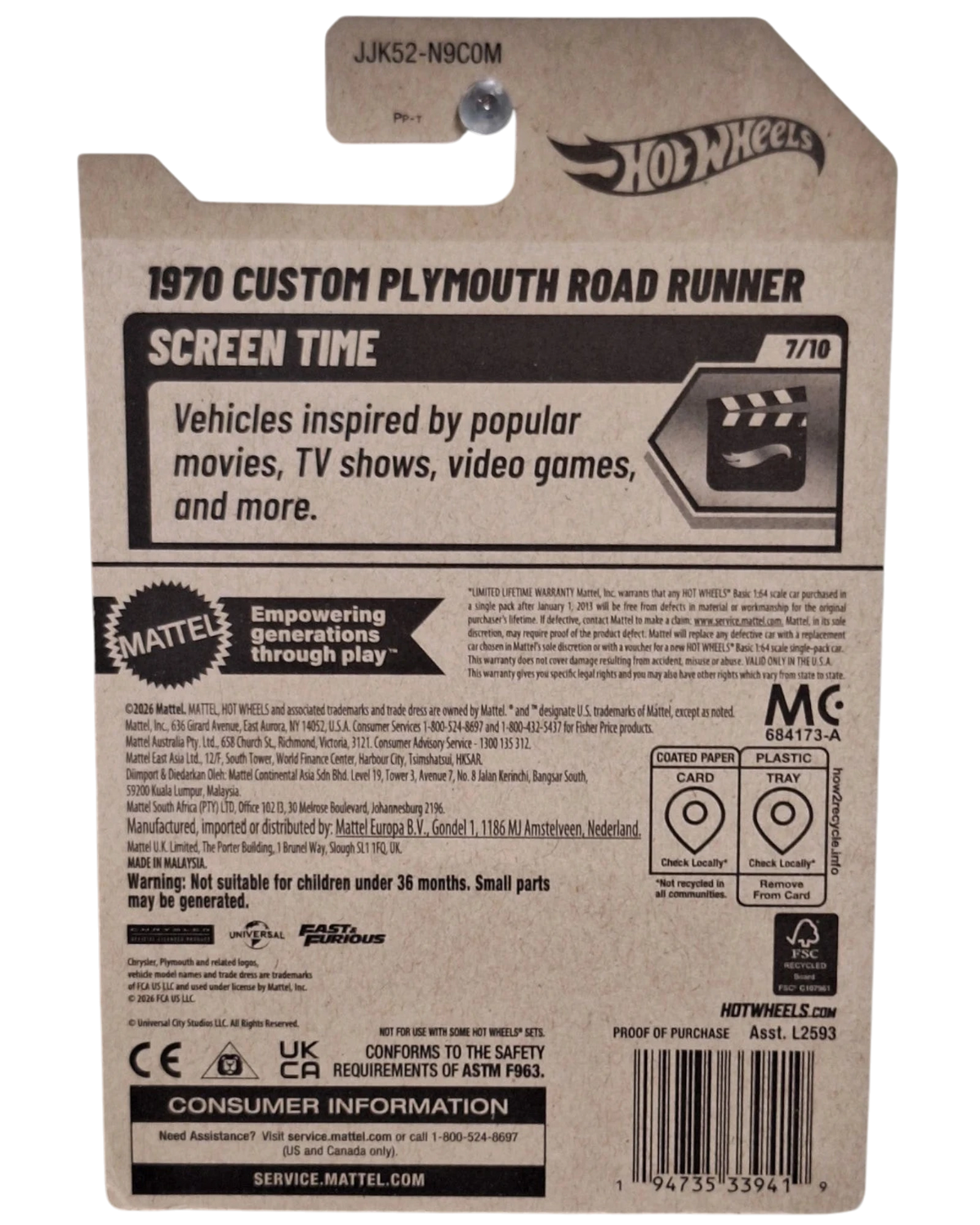 More Than Diecast Hot Wheels 1970 Custom Plymouth Road Runner Fast & Furious packaging back view