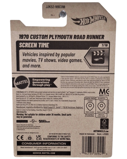 More Than Diecast Hot Wheels 1970 Custom Plymouth Road Runner Fast & Furious packaging back view