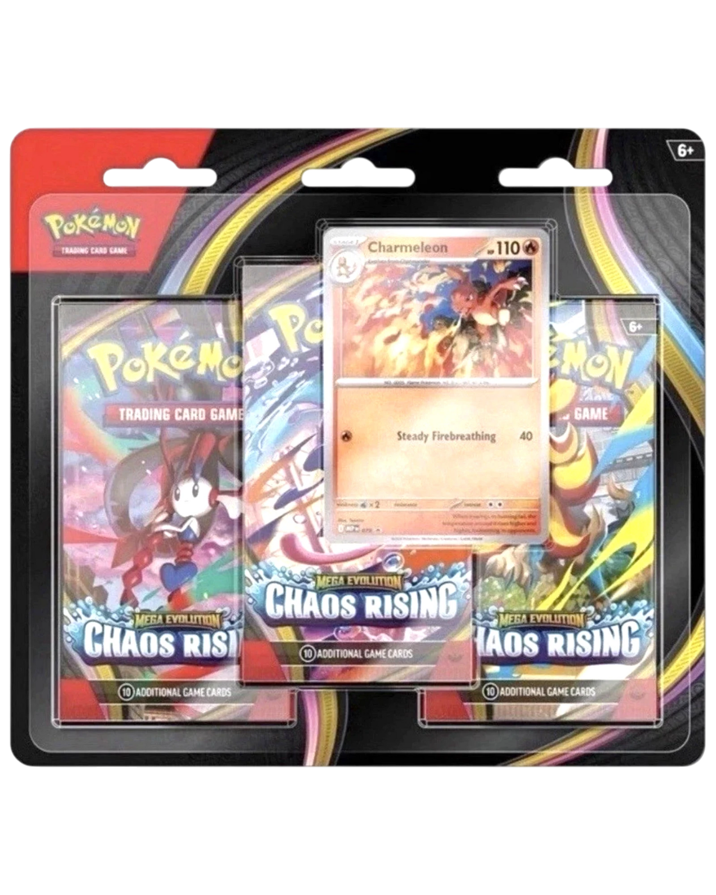 More Than Diecast Pokémon TCG Chaos Rising ME04 3-pack blister featuring a Charmeleon foil promo card and booster packs.