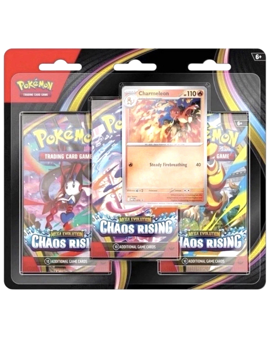 More Than Diecast Pokémon TCG Chaos Rising ME04 3-pack blister featuring a Charmeleon foil promo card and booster packs.