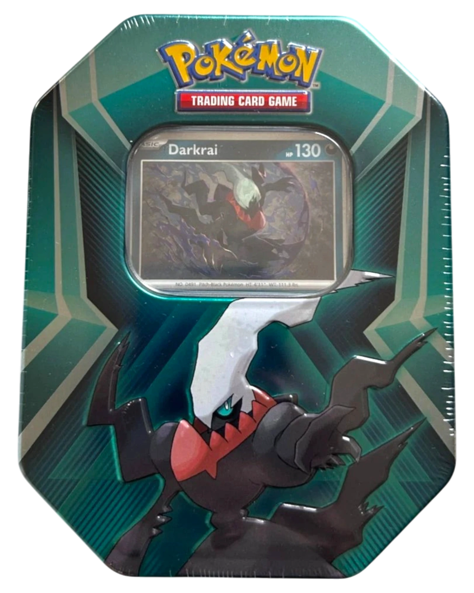 More Than Diecast Pokémon TCG Triple Whammy Collector Tin featuring a Darkrai foil promo card in green metal casing.