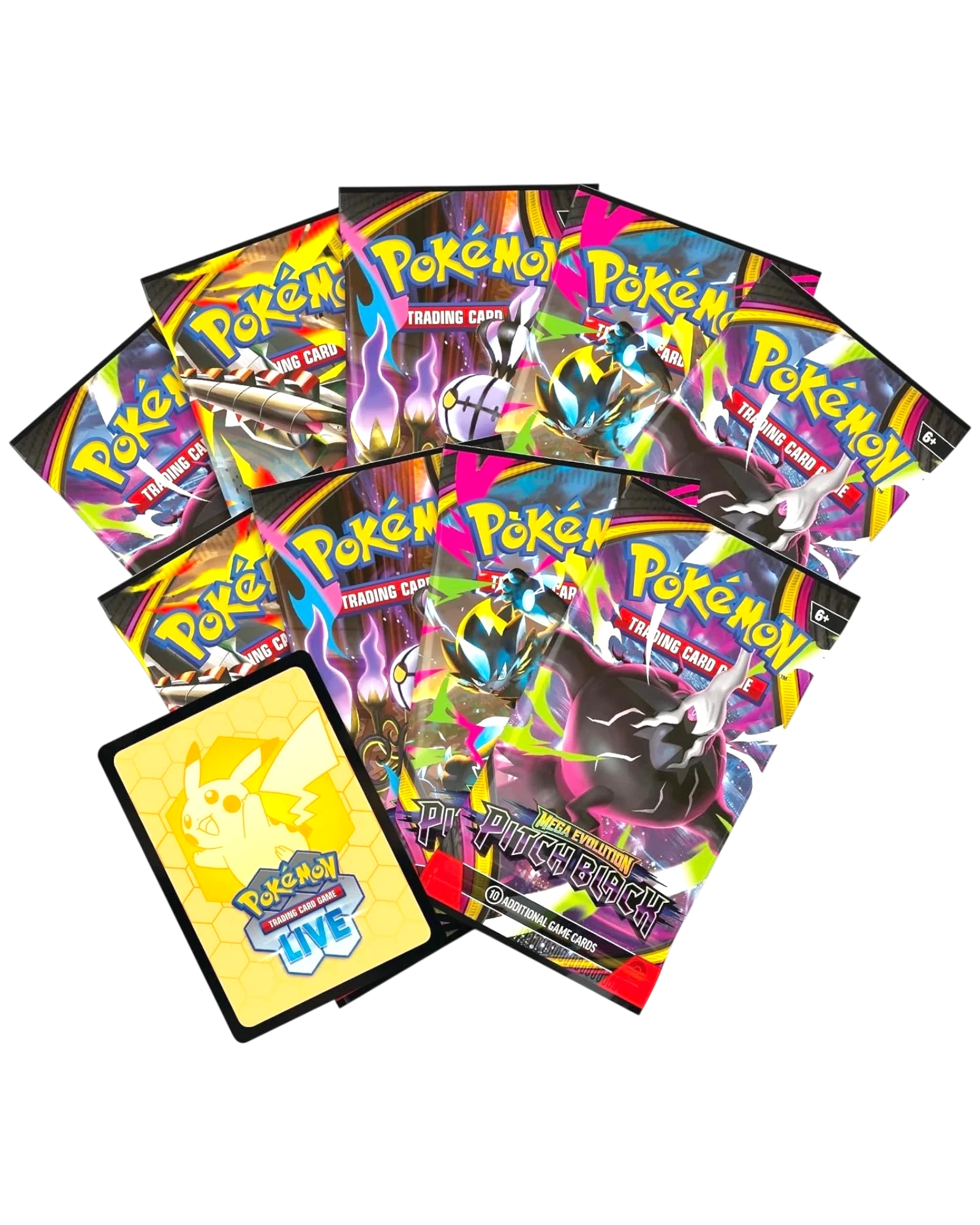 More Than Diecast Pokémon Pitch Black TCG booster packs and a Pikachu card code card on a black background