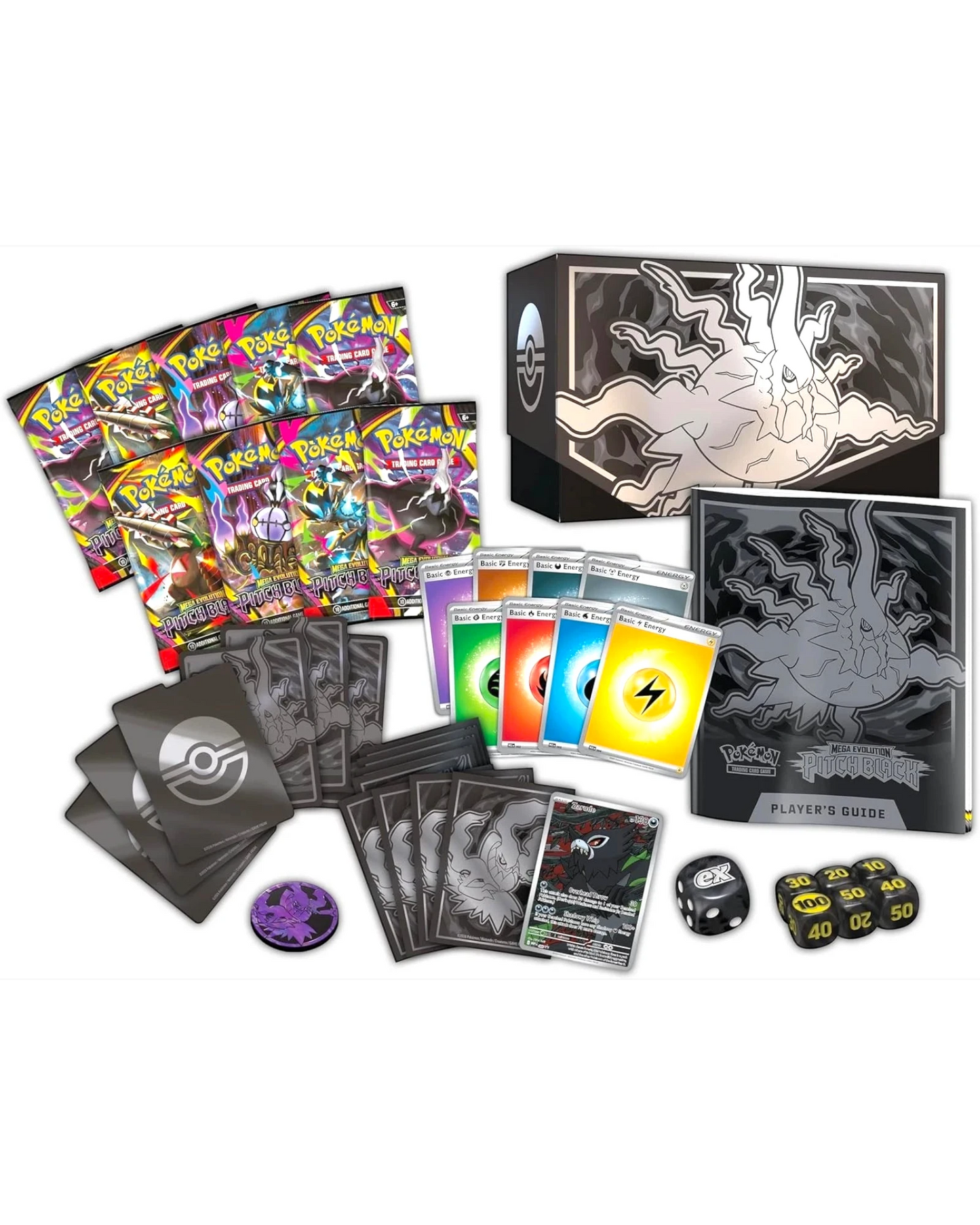 More Than Diecast Pokémon Pitch Black Elite Trainer Box with booster packs, card sleeves, energy cards, and accessories.