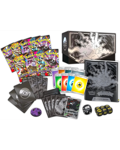 More Than Diecast Pokémon Pitch Black Elite Trainer Box with booster packs, card sleeves, energy cards, and accessories.