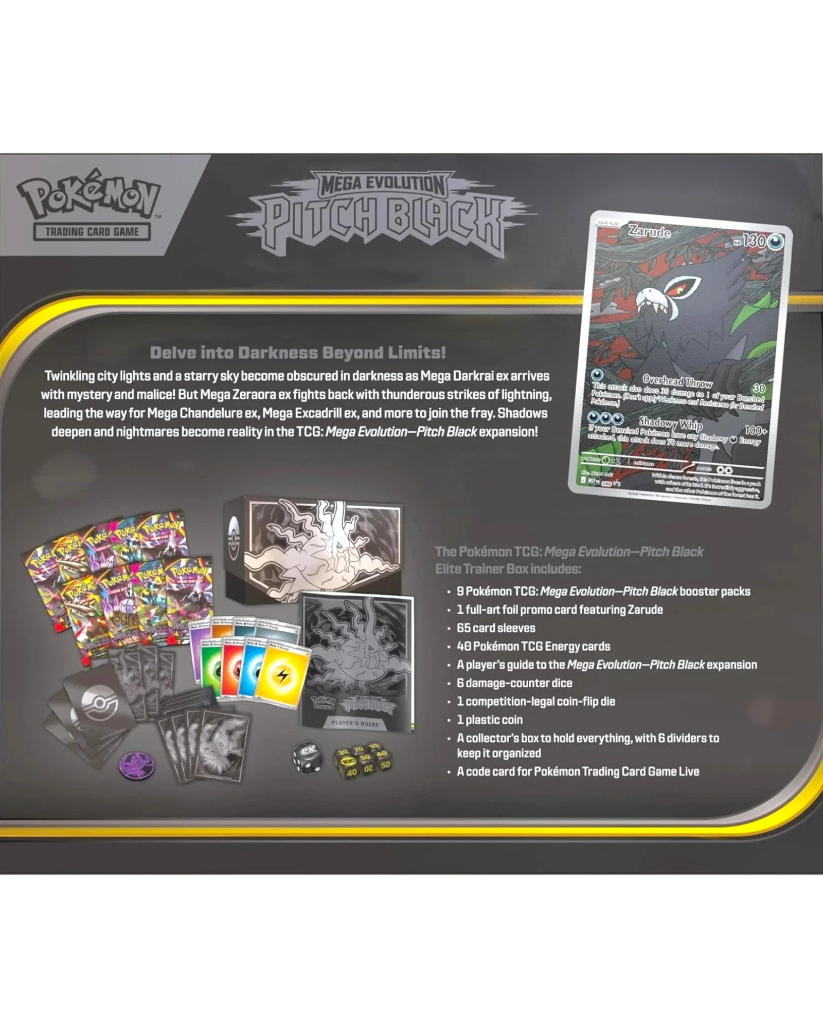 More Than Diecast Pokémon Pitch Black Elite Trainer Box featuring booster packs, Zarude promo card, and accessories.
