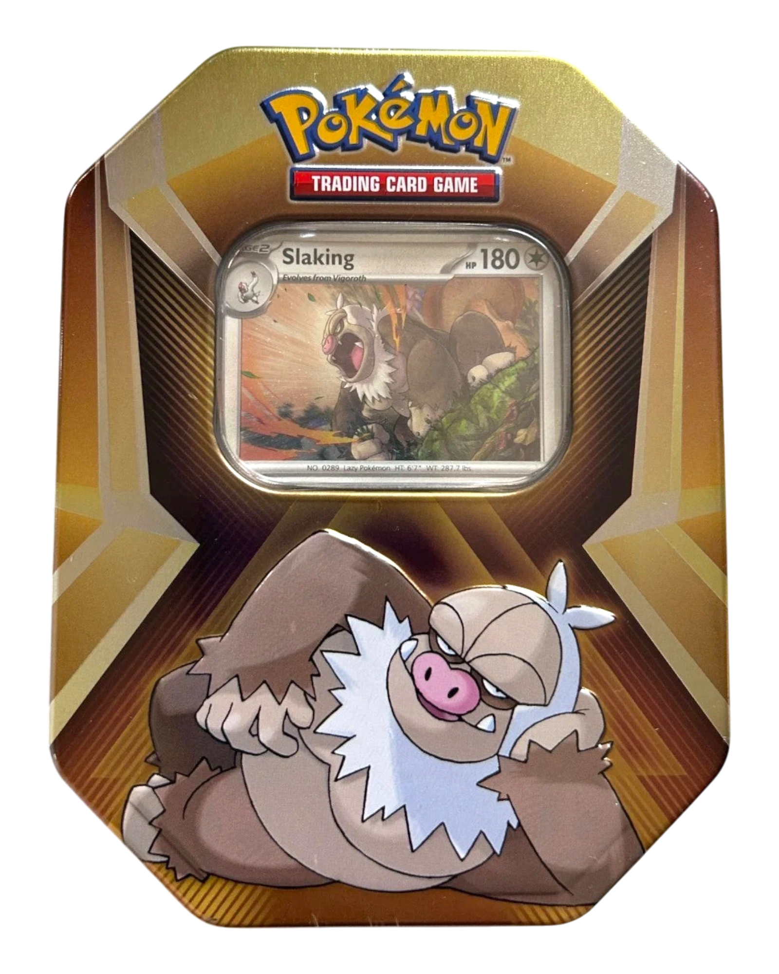 More Than Diecast Pokémon TCG Triple Whammy Collector Tin featuring a Slaking foil promo card in a gold metal case