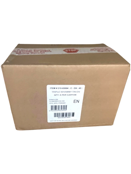 More Than Diecast factory sealed shipping carton containing 6 Pokémon TCG Triple Whammy Collector Tins