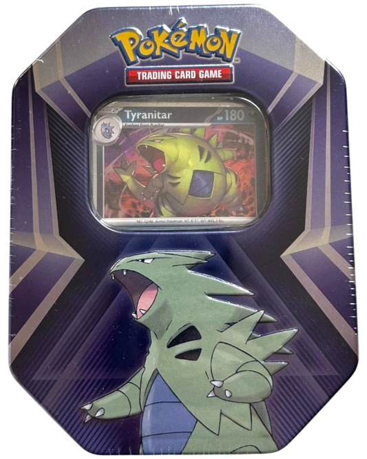 More Than Diecast Pokémon TCG Triple Whammy Collector Tin featuring a Tyranitar foil promo card and booster packs