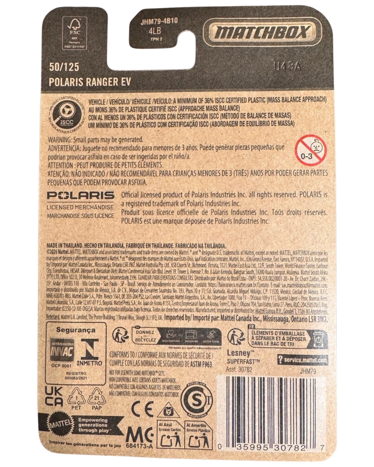 More Than Diecast Matchbox Polaris Ranger EV 1:64 scale die-cast UTV packaging back view with product information