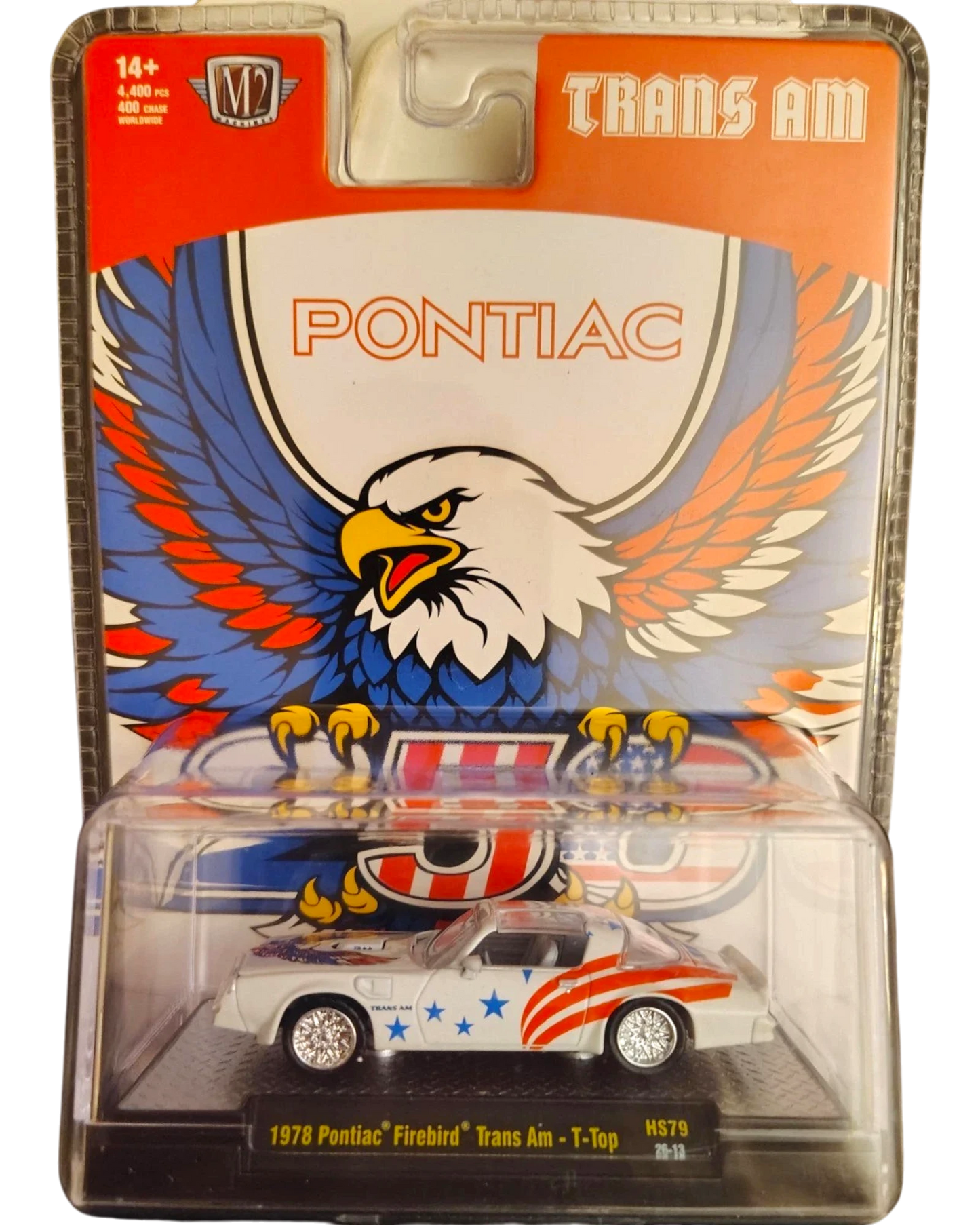 More Than Diecast 1:64 scale M2 Machines Pontiac Trans Am T-Top die-cast car in white with patriotic eagle graphics.