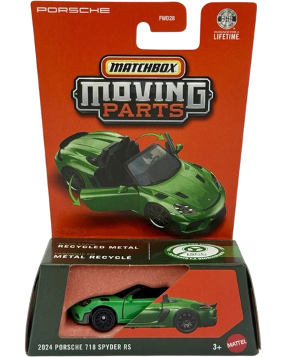 More Than Diecast Matchbox Moving Parts 2024 Porsche 718 Spyder RS in green with opening doors in blister packaging