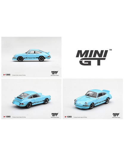 More Than Diecast Mini GT 1:64 scale Porsche 911 Carrera RS 2.7 model car in Gulf blue with black side decals