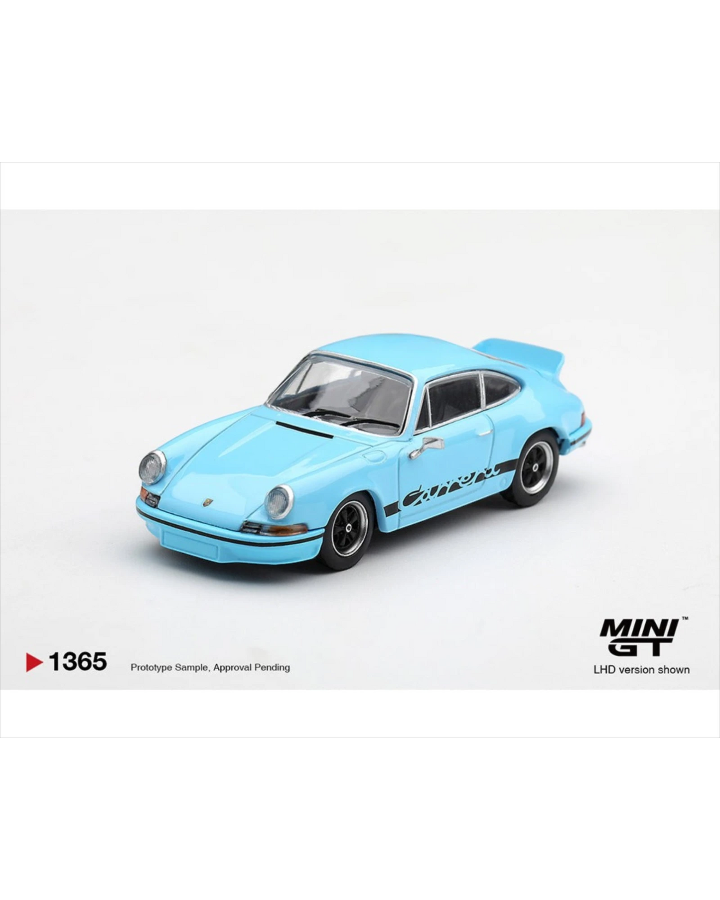 More Than Diecast Mini GT Porsche 911 Carrera RS 2.7 in Gulf blue with black side decals and classic ducktail spoiler