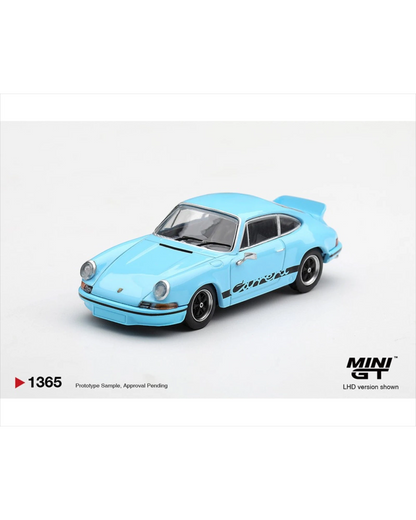 More Than Diecast Mini GT Porsche 911 Carrera RS 2.7 in Gulf blue with black side decals and classic ducktail spoiler