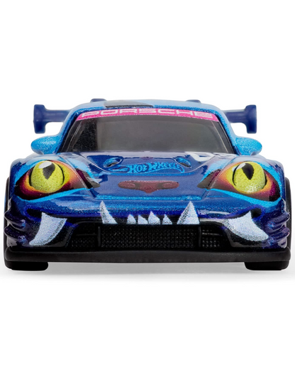 More Than Diecast Hot Wheels K-Pop Demon Hunters Porsche 911 GT3 R 992 die-cast car with blue monster eye graphics.
