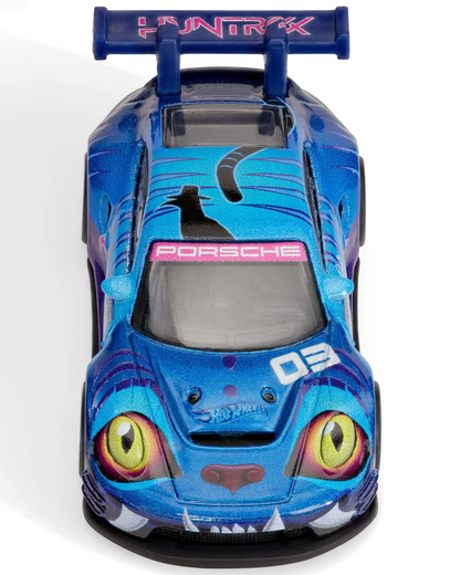 More Than Diecast Hot Wheels Porsche 911 GT3 R 992 with blue K-Pop Demon Hunters graphic and large cat eye headlights.
