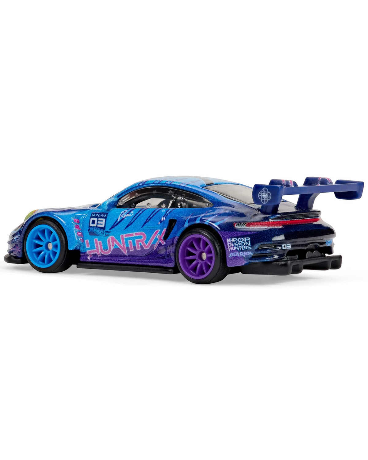 More Than Diecast Hot Wheels K-Pop Demon Hunters Porsche 911 GT3 R 992 die-cast car with blue and purple racing livery