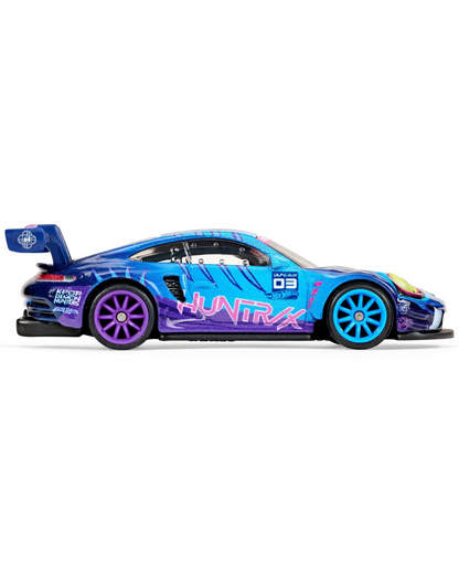 More Than Diecast Hot Wheels K-Pop Demon Hunters Porsche 911 GT3 R 992 die-cast car with blue and purple racing livery.