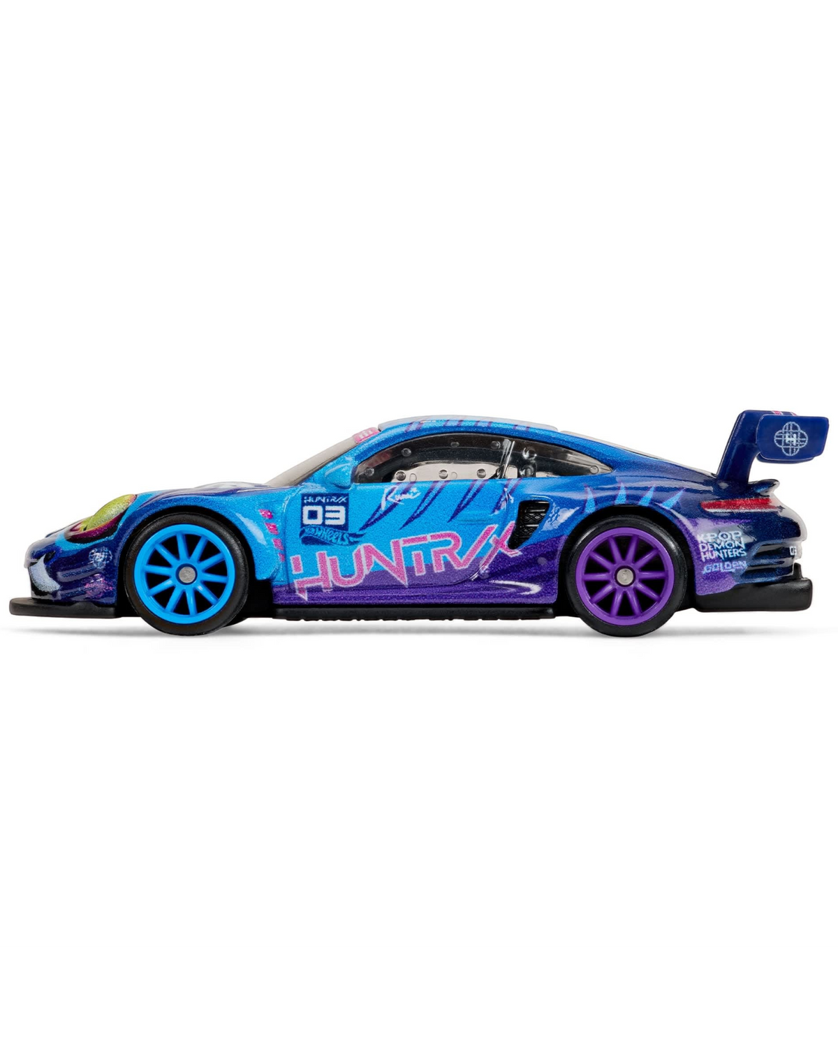 More Than Diecast Hot Wheels K-Pop Demon Hunters Porsche 911 GT3 R 992 die-cast car with blue and purple racing livery.