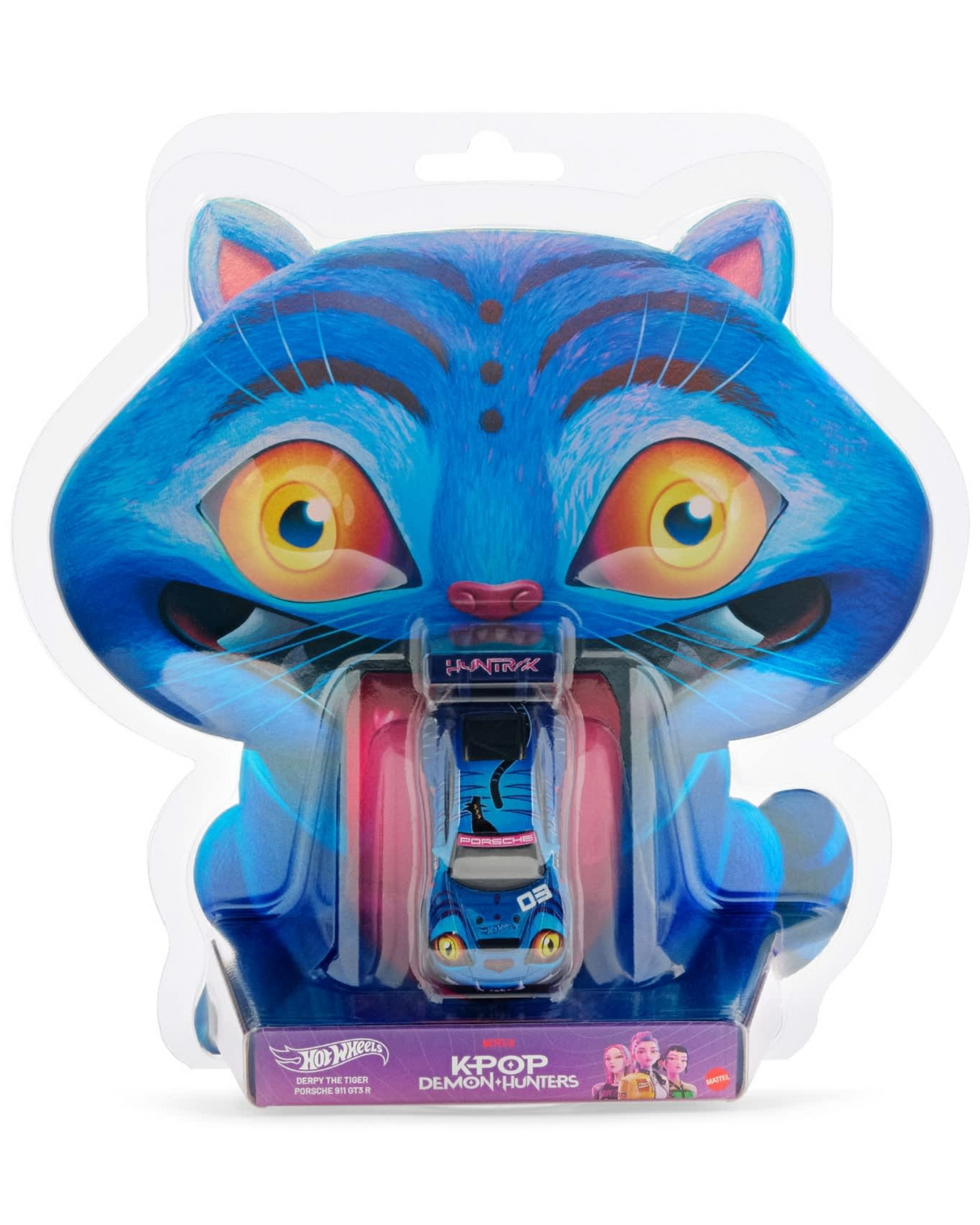 More Than Diecast Hot Wheels K-Pop Demon Hunters Porsche 911 GT3 R in blue cat-shaped blister packaging