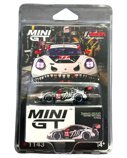 More Than Diecast Mini GT 1:64 Porsche 911 GT3 R #77 AO Racing 2025 IMSA Petit Le Mans diecast model car in packaging