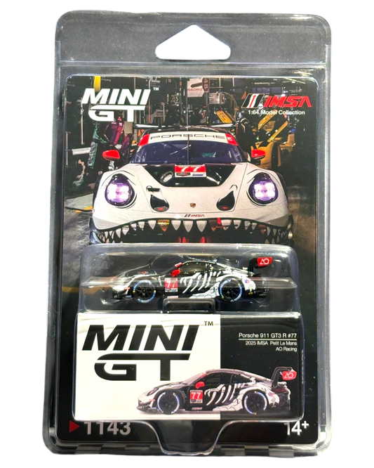 More Than Diecast Mini GT 1:64 Porsche 911 GT3 R #77 AO Racing 2025 IMSA Petit Le Mans diecast model car in packaging