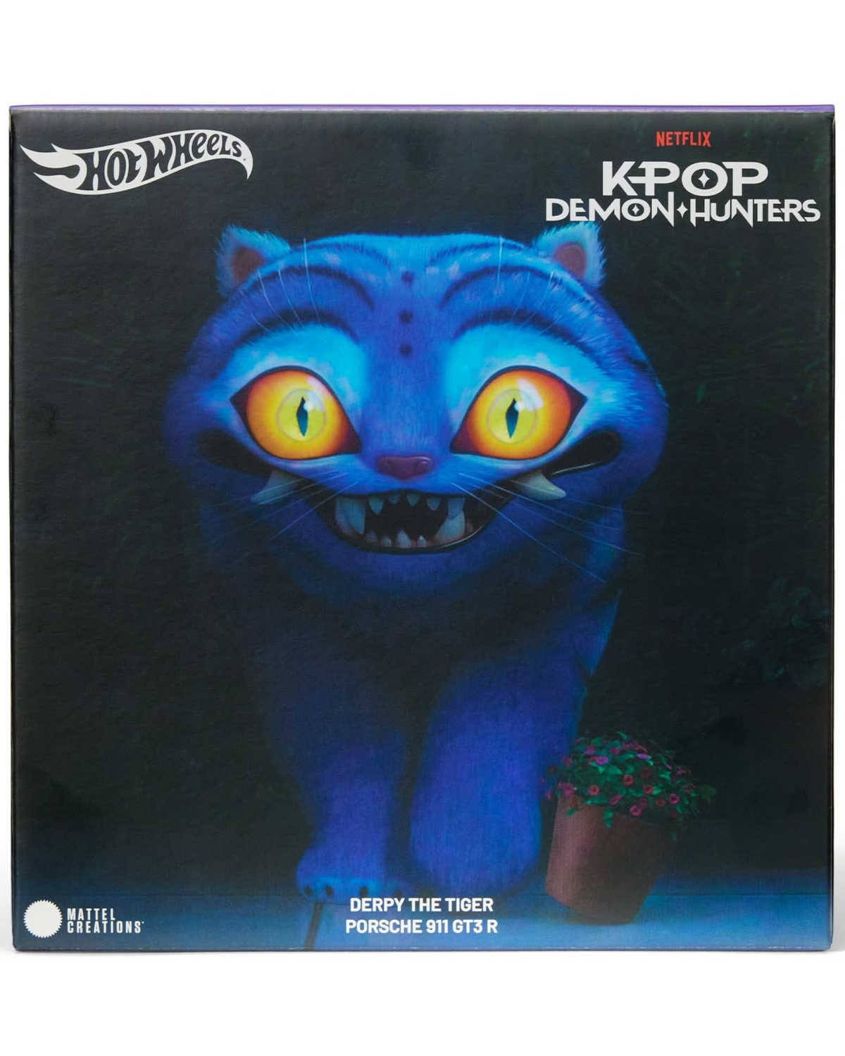More Than Diecast Hot Wheels K-Pop Demon Hunters Porsche 911 GT3 R packaging featuring Derpy the Tiger artwork
